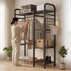 Unihome 튼튼한 친환경 보강형 대용량 시스템 행거 스탠드 드레스룸 옷장 선반 행거, 블랙, 싱글 1단