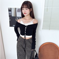 Little SiS. #3425 可甜可酷穿繩上衣＆蕾絲背心Set 4色可選