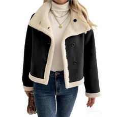 Utcoco 여성용 양면 인조 시어링 재킷 버튼 다운 스웨이드 쇼트 코트 가을 겨울 캐주얼 아우터 블랙. XL 310869