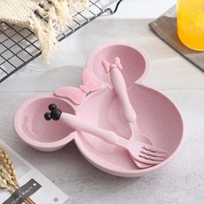 臺灣*出貨 小麥秸稈餐具可愛卡通幼兒園寶寶碗兒童碗家用餐盤套裝防摔分格, 北歐粉,米妮三件套, 1個