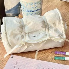 귀여운 고양이 리본 필통 봉제 천 패브릭 학생 파우치, 1개, 화이트