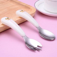304不鏽鋼嬰兒訓練叉勺組含便攜盒，寶寶輔食餐具學習叉勺湯匙套裝, 1個, 萌萌貓.粉字（含便攜盒）白色