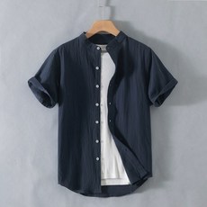 LARGE STORE 立領短袖襯衫 亞麻質感透氣舒適