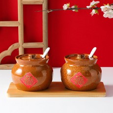 【開發票/統編】陶瓷調味罐 - 多用途醬料罐/鹽巴罐/胡椒罐 - 調味收納盒, 1個, 福字湯盅大號黃銅色2連款 帶勺