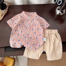 Annie 韓版男童歐巴風襯衫套裝 兒童兩件套 短袖短褲 休閒服