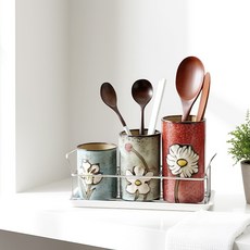 플라워 패턴 도자기 수저통3구 물받이 포함 수저꽂이 조리도구함, 1세트, 혼합