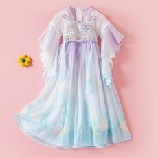 女童漢服長袖薄款兒童表演服中大童演出服連衣裙網紗裙出遊夏款新