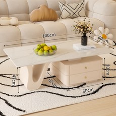 岩板茶几，奶油風設計感茶桌，附收納抽屜, 詳見包裝, 詳見包裝, 【亮面雪山白岩板】米白色茶几100CM