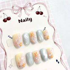 Naily 純手工穿戴甲 晨曦橙花 短橢圓M碼, 1個