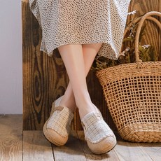 꽃신 한복 고무신 혼례 시대 여름 굽 구두 있는 조선 계량신 린넨 신발 꽃무늬, 흰색 체크 무늬