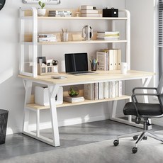 FONOW 컴퓨터책상 컴퓨터 책상 가정용 침실 간이 책장 일체형 책상, 목색