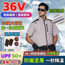 防曬空調服 降溫短袖 帶風扇衣服 風扇服 風扇衣 電風扇馬甲 制冷降溫工作服 36V空調服 冷風衣 製冷外套 降溫外套, 1個, 淺灰色短袖單上衣無配件,XXL