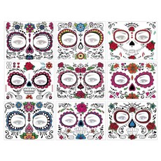 Day of Dead Face 타투 6장 설탕 해골 타투 임시 스티커 및 3장 가짜 꽃무늬 블랙 해골 웹 풀 페이스 마스크 타투 여성용 여아 아동용 할로윈 페이스 메이크업, SugerSkull