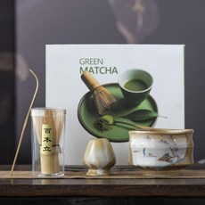日式復古抹茶碗茶道禮盒, 復古抹茶套裝4件套 山水江南 古綠色, 1套
