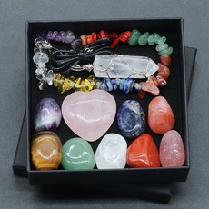 七脈輪水晶柱原石套組, 七彩寶石+手鍊+白水晶柱(盒裝)