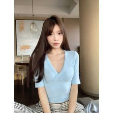 여름 슬림핏 화이트 V넥 반소매 여성용 다용도 숏 티셔츠