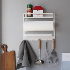 키친타올 주방도구걸이 철제 자석 후크 선반 벽수납선반 수납 화분 벽선반 거실, 화이트, 1개