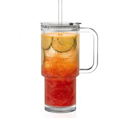 리브드 유리 텀블러 손잡이형 뚜껑 포함 대용량 아이스 커피컵 빨대 포함, 1개, 600ml
