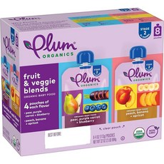 Plum Organics 2단계 유기농 이유식 - 과일 및 채소 버라이어티 팩 - 118.3ml(4온스) 파우치 (8팩) - 유기농 과일 및 채소 이유식 파우치, 4 Ounce (8팩)