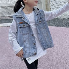 로르카 14세 이상 사용 가능 아동용 후드 버튼 데님 무소매 아우터 조끼 V01033012