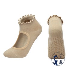 NicoFun 愛定做 2雙 黑色防滑襪 灰色襪子 駝色襪子 捲捲花邊 瑜珈襪 皮拉提斯 棉襪(女襪22-25cm)