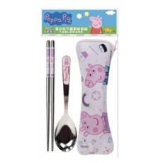 佩佩豬潛水布不鏽鋼餐具組 粉紅豬小妹304不鏽鋼餐具組 潛水布套 環保餐具組 湯匙筷子組, 粉色, 1個