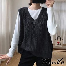 HanVo 直紋甜美麻花針織背心 秋冬質感寬鬆百搭韓系女裝