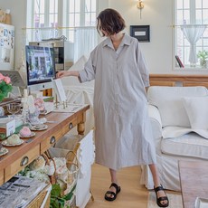 로로텐 7부 퍼프 셔츠 롱 원피스 카라넥 면 오버핏 여성 빅사이즈