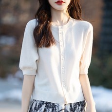 SAHINER 여성 반팔 니트 가디건 라운드넥 진주 단추 봄가을 상의 ATX59