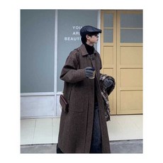 헤링본 울 롱코트 클래식핏 복고풍 체크 싱글 버튼