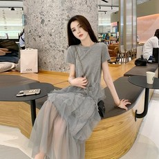 法式網紗拼接連衣裙, 灰色-高質量,2XL, 灰色
