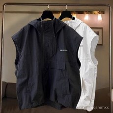 無袖背心 重工機能 工裝馬甲 夏季 痞帥嘻哈 背心 山係薄款 美式連帽坎肩 黑色背心 夏天背心 韓版背心 坎肩背心 S