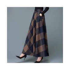毛呢格子A字半身裙，秋冬中長款大擺裙，修身顯瘦，時尚百搭，展現優雅氣質, 咖啡色