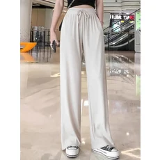 여성용 발목 길이 와이드 레그 팬츠 용수철 여름 바지 단색 탄성 허리 느슨한 아이스 실크 캐주얼 2024 신, 06 S, 01 Image color