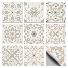 PVC 타일 시트지 세트 다양한 패턴 방수 주방 욕실 리폼 10x10cm 9가지 다른 디자인 1세트 총 36개, 베이지색