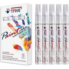 TFIVE 화이트 페인트 마커 펜 사무실 미술 프로젝트 암벽화 세라믹 유리 목재 플라스틱 금속 캔버스용 오일 기반 영구 5팩 중간 팁 방수 퀵 드라이