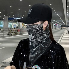 防曬面罩男女冰絲掛耳護頸圍脖夏天遮陽全臉脖套騎行面巾面紗字母面罩黑色【高品質款】均碼, 1個, 均碼