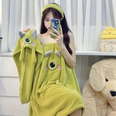 卡通珊瑚絨刺繡浴裙套裝：學生可穿可裹吸水柔軟浴袍、幹髮帽、髮帶組合，多款顏色可選，居家必備, 大眼仔浴帽+浴裙, 1個