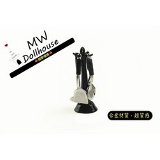 隨草憶境 迷你廚具模型合金材質 微縮場景食玩 鍋鏟 漏勺架 勺 廚具架 掛架, 1個, 一組5件入（黑色，含架）