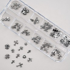 네일스토어 크롬 엔틱 네일파츠 12세트-1 메탈 십자가 별 하트, 1개, 실버믹스