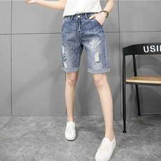 S100421C 여성 얇은 스판 허리밴딩 찢청 데님 5부 반바지
