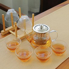 내열유리 우드핸들 거름망 내장 원터치 티메이커 겸용, ., 1L, 팔자 망치질 무늬 망치질 무늬 6개 홀더