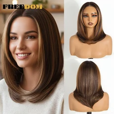 여성용 프리덤 플러킹 합성 레이스 프론트 가발 옴브레 브라운 숏 밥 6x4 착용 간편 글루리스, 01 16인치, 02 TT2-CARMEL