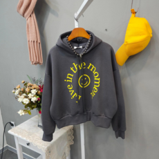 세미크롭 스마일 기모 후드티셔츠