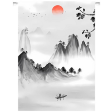MorningSea 클래식 수묵산수화 현관 문발 침실 화장실 식당 가게 베란다 차광 커튼, 블랙B