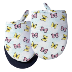 Junvena 미니 오븐 장갑 내열 260도 논슬립 실리콘 그립 나비&토끼 프린트 면 코튼 필링 세탁 가능 걸이 루프 포함 베이킹 요리 캠핑 바베큐, 2개, 나비 패턴