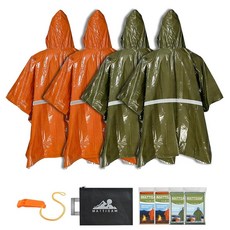MATTISAM 비상 판초 [4개][90% 열 유지] 후드가 있는 핸즈프리 서바이벌 레인 판초 보온 마일라 우비, 반사 스트립