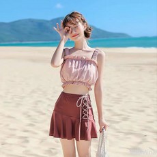 比基尼 分體泳衣 兩件式泳衣 bikini 保守泳衣 學生泳衣 韓國泳衣女遮肚顯瘦小胸泳衣沙灘度假泡溫泉泳裝, 粉色,XL(建議52.5-60.0kg)