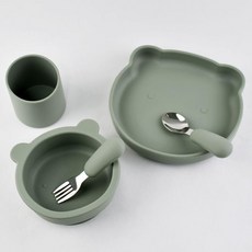 寶寶矽膠餐具套組 幼兒輔食碗盤 316不鏽鋼叉勺 學飲杯 5件套, 橄欖綠,小熊碗盤直柄叉勺直筒杯5件套, 1個