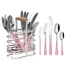 스테인리스 스틸 식기 건조대가 있는 30피스 실버웨어 세트 6인용 주방 카운터용 스탠드가 커틀러리 나이프 포크 스푼 티스푼 버터 포함 세트 (핑크)